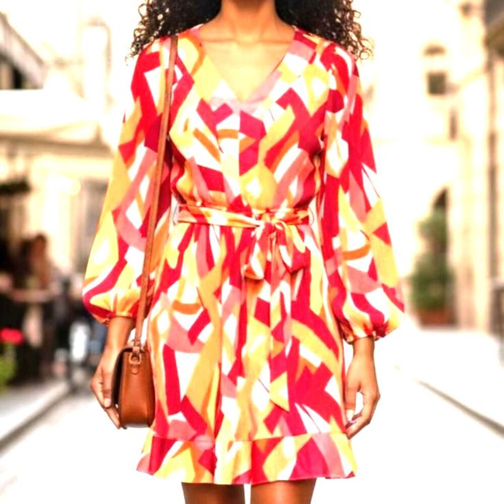 Nicole Miller Geometric Print Mini Dress Med Pink Orange Belted Cocktail Party